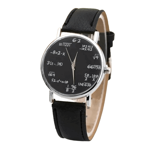 Montre à cadran noir avec formules mathématiques, chiffres et symboles scientifiques, bracelet en cuir noir, design élégant et éducatif, parfait pour les amateurs de science et de mathématiques.