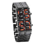 Montre connectée innovante avec bracelet en métal noir et lumières LED rouges intégrées, alliant technologie et design moderne.