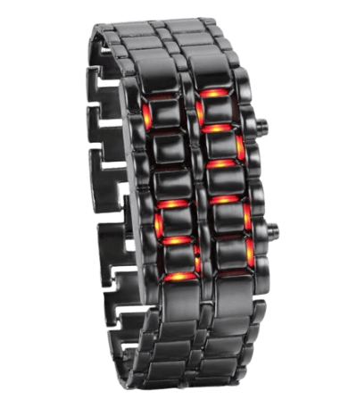 Montre connectée innovante avec bracelet en métal noir et lumières LED rouges intégrées, alliant technologie et design moderne.