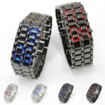 Montre numérique en acier inoxydable avec affichage LED bleu et rouge, design moderne et élégant, idéale pour un style futuriste et tendance.