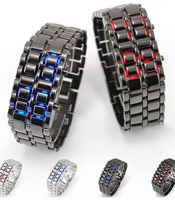 Montre numérique en acier inoxydable avec affichage LED bleu et rouge, design moderne et élégant, idéale pour un style futuriste et tendance.