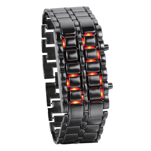 Montre connectée innovante avec bracelet en métal noir et lumières LED rouges intégrées, alliant technologie et design moderne.