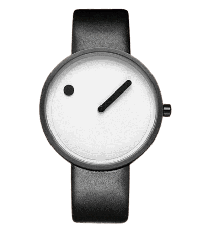 Montre minimaliste avec cadran blanc, un seul index et un bracelet en cuir noir, alliant simplicité et élégance.