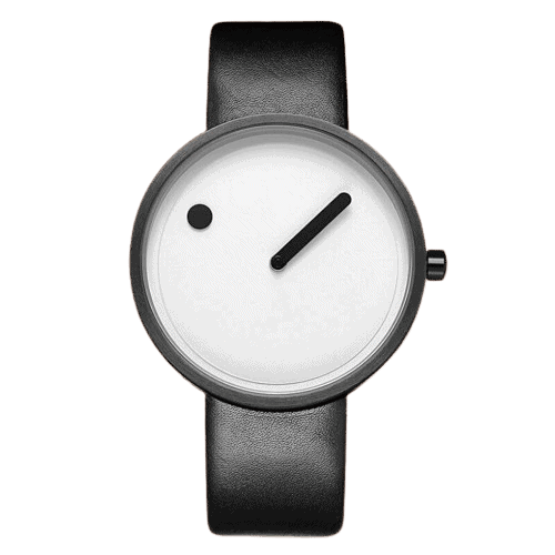 Montre minimaliste avec cadran blanc, un seul index et un bracelet en cuir noir, alliant simplicité et élégance.