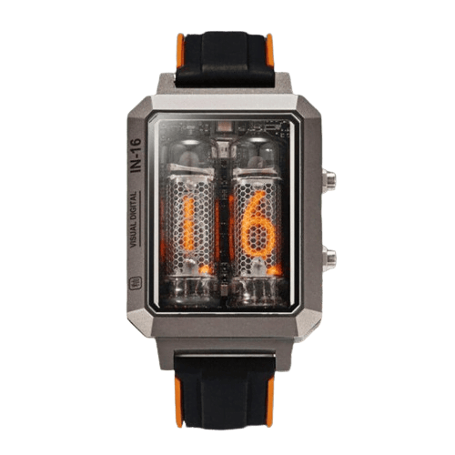 Montre à tubes Nixie avec affichage numérique orange, boîtier en métal et bracelet en silicone noir et orange. Design rétro-futuriste pour les amateurs de science et de décoration scientifique.