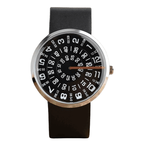 Montre avec cadran noir et chiffres blancs, affichant l'heure, les minutes et les secondes, avec un design innovant inspiré de la science.
