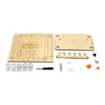 Panneau de montage en bois pour projets robotiques, comprenant pièces, vis, et outils pour assembler un robot personnalisé. Parfait pour les amateurs et éducateurs en sciences.