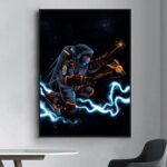 Un explorateur en combinaison spatiale futuriste navigue dans l'espace, entouré d'éclairs lumineux et d'étoiles, illustrant la science et la découverte.