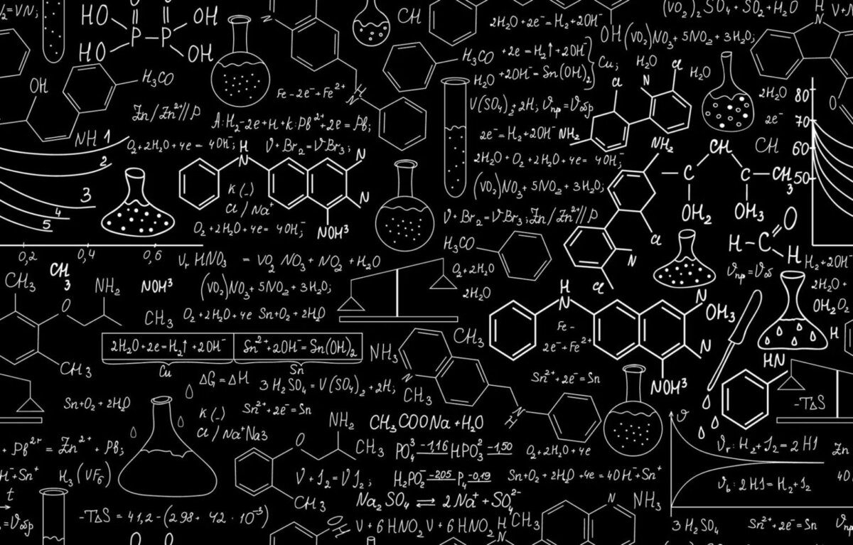 Illustration d'un tableau noir avec des formules chimiques et des schémas scientifiques pour une décoration de laboratoire ou d'espace scientifique.