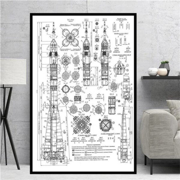 Affiche technique détaillée de la tour Eiffel avec plans et schémas précis, idéale pour décoration scientifique ou industrielle.