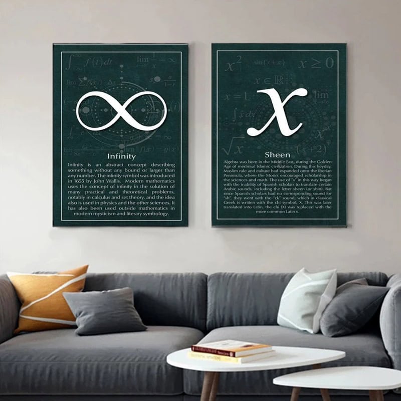 Deux affiches murales avec symboles mathématiques infini et x, idéales pour une décoration scientifique moderne dans un salon ou un bureau.