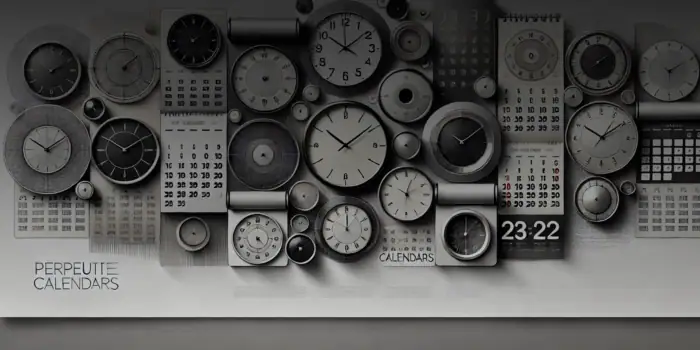 Perpétuelle Calendars - Horloge murale en collection d'objets scientifiques, composée de plusieurs cadrans et horloges de différentes tailles et styles, créant un affichage unique et moderne.