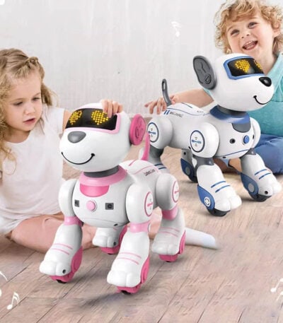 Robot éducatif pour enfants avec écran facial interactif et capteurs tactiles, conçu pour stimuler l'apprentissage et le divertissement des jeunes enfants à travers des activités interactives.