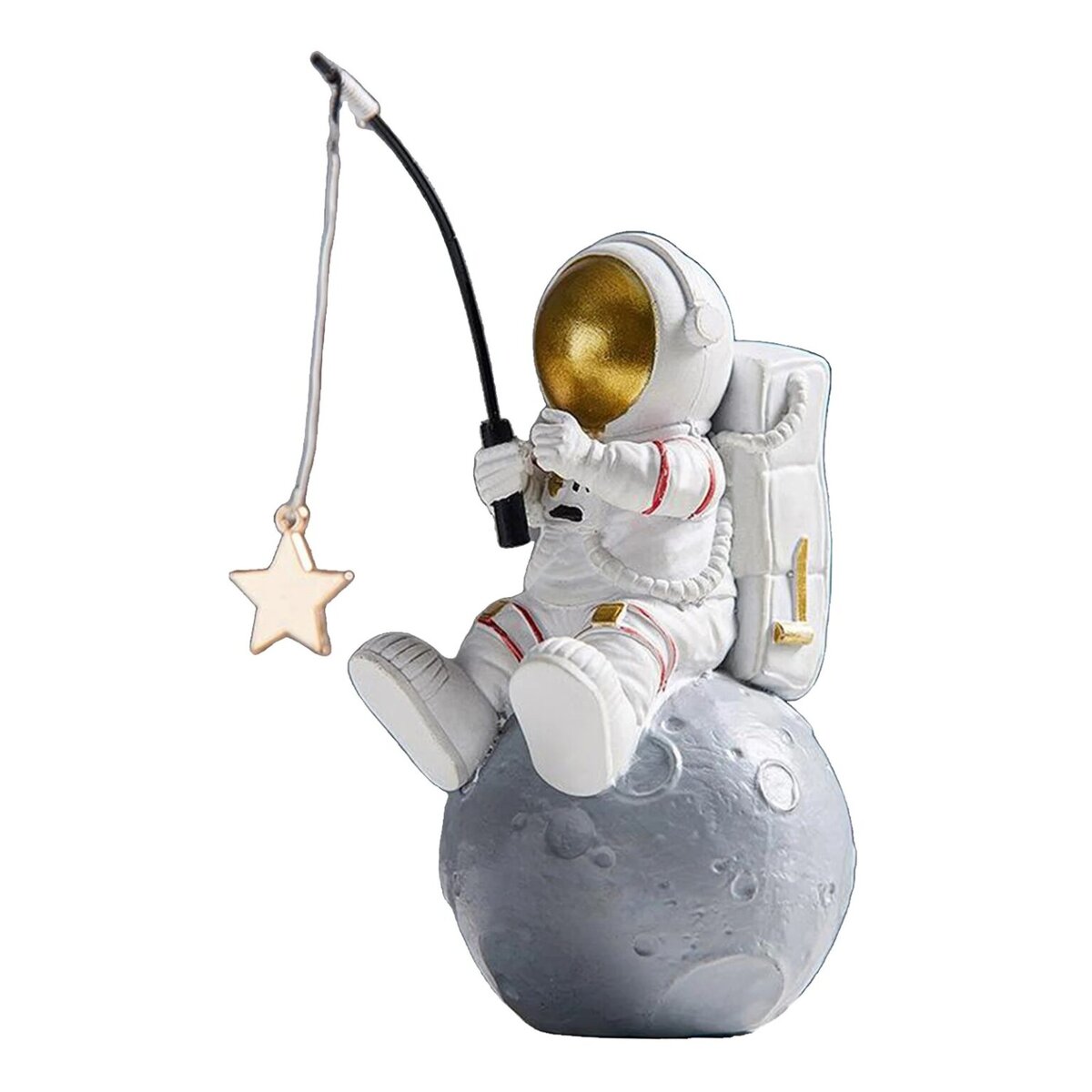 Figurine d'astronaute assis sur la lune, tenant une canne à pêche avec une étoile en pendentif, décor de style scientifique et ludique.