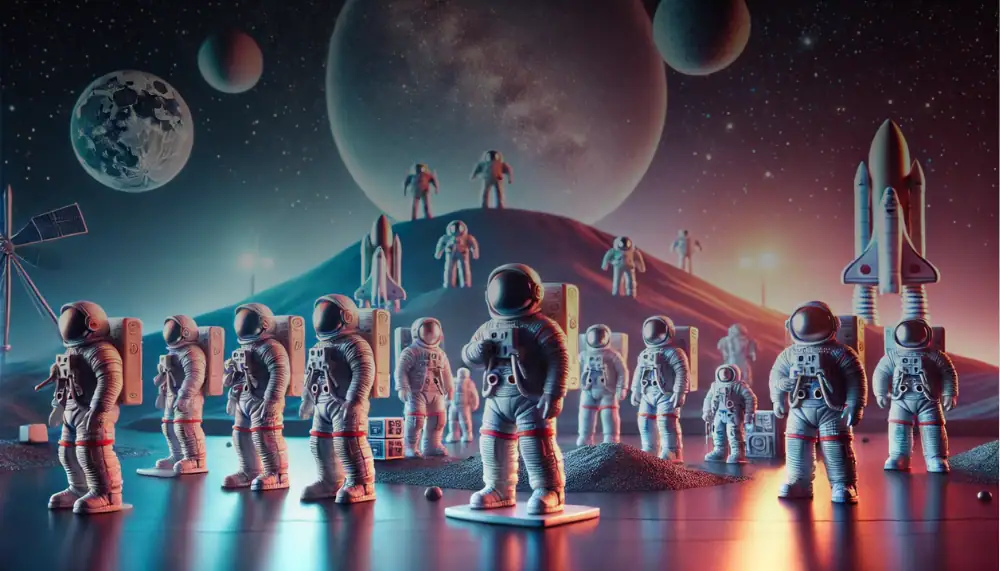 Figurines d'astronautes en plastique sur une scène spatiale avec planètes et fusée en arrière-plan.