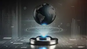 Modèle 3D d'un globe terrestre flottant au-dessus d'une plateforme technologique avec des éléments numériques et un fond high-tech, illustrant la science et la technologie modernes.