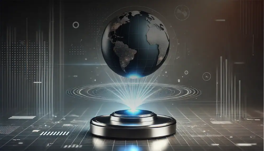 Modèle 3D d'un globe terrestre flottant au-dessus d'une plateforme technologique avec des éléments numériques et un fond high-tech, illustrant la science et la technologie modernes.
