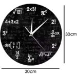 Horloge murale avec design scientifique, chiffres et formules mathématiques, idéale pour décoration de bureau ou salle d'étude, diamètre 30 cm.