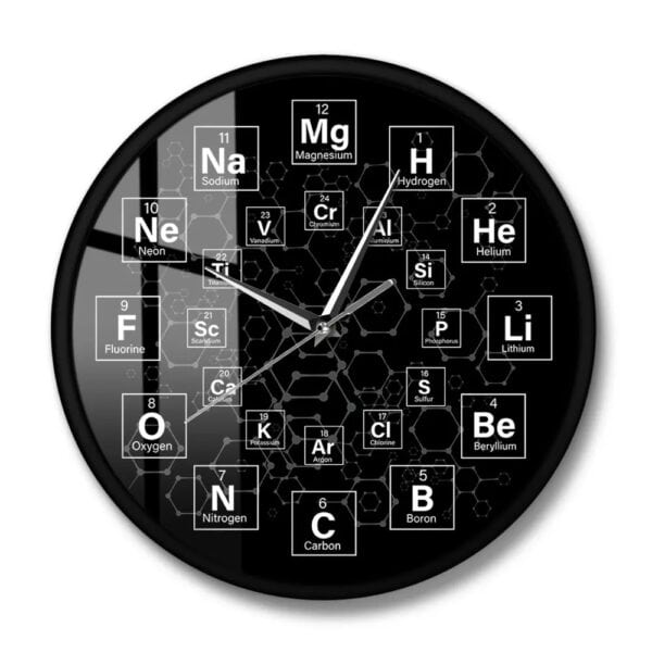 Horloge murale avec design du tableau périodique des éléments chimiques, affichant les symboles et numéros atomiques, idéale pour décoration scientifique et éducative.