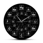Montre une conception moderne d'une horloge intégrant des éléments chimiques du tableau périodique.