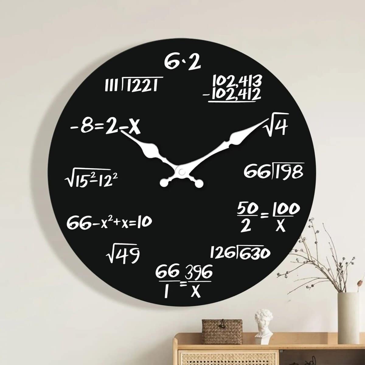 Horloge murale design avec chiffres et formules mathématiques, décoration originale pour un espace scientifique ou éducatif.