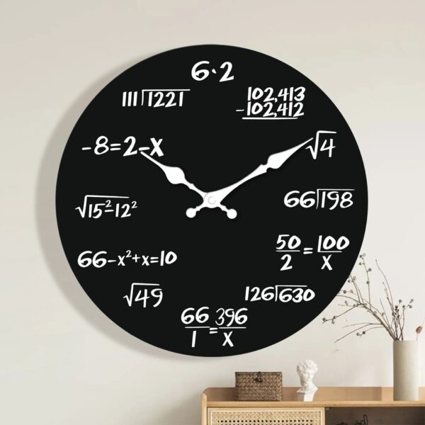Horloge murale design avec chiffres et formules mathématiques, décoration originale pour un espace scientifique ou éducatif.