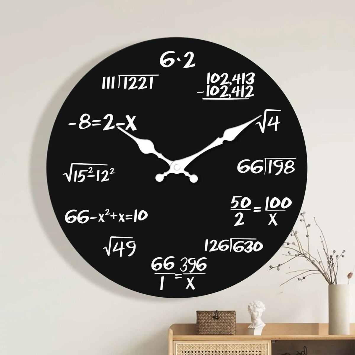 Horloge murale design avec chiffres et formules mathématiques, décoration originale pour un espace scientifique ou éducatif.