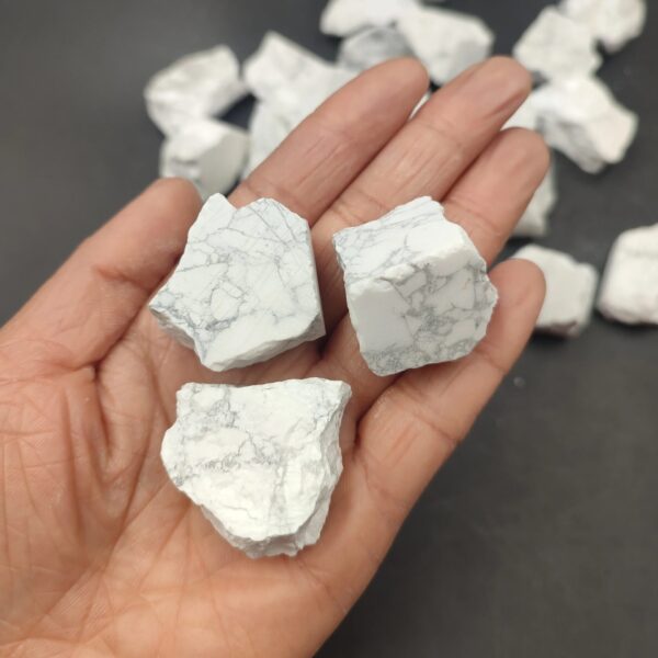 Trois morceaux de marbre blanc naturel avec veines grises, tenus dans une main, sur fond noir avec d'autres morceaux dispersés.
