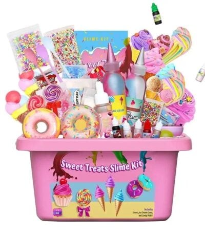 Kit de slime sucré pour enfants avec bonbons, glaçage, paillettes, et accessoires colorés pour créer des slime amusants et gourmands. Parfait pour les activités créatives et ludiques.