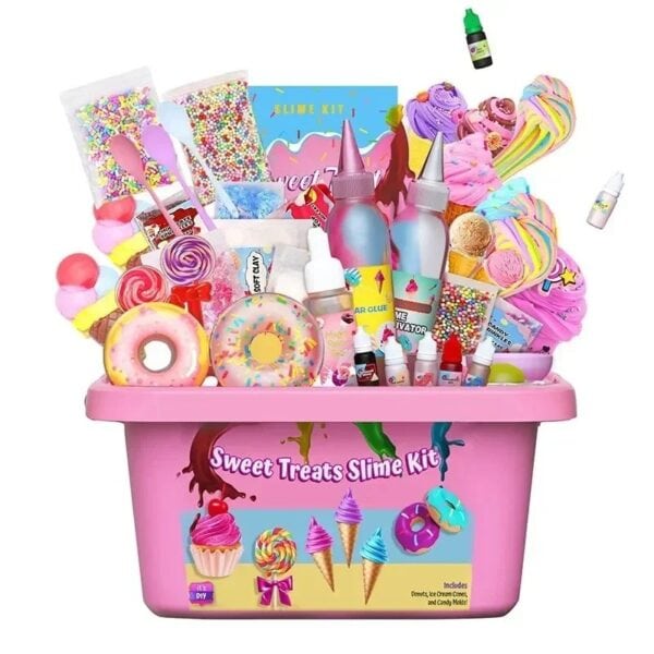 Kit de slime sucré pour enfants avec bonbons, glaçage, paillettes, et accessoires colorés pour créer des slime amusants et gourmands. Parfait pour les activités créatives et ludiques.