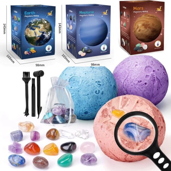 Kit de décoration scientifique avec planètes Earth, Neptune et Mars, comprenant des balles de mousse colorées, des outils et un sac pour créer des modèles planétaires éducatifs.