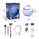 Kit de minéraux et accessoires pour explorer la planète Neptune, comprenant une sphère, outils de creusage, et pierres semi-précieuses pour activités éducatives et décoratives.