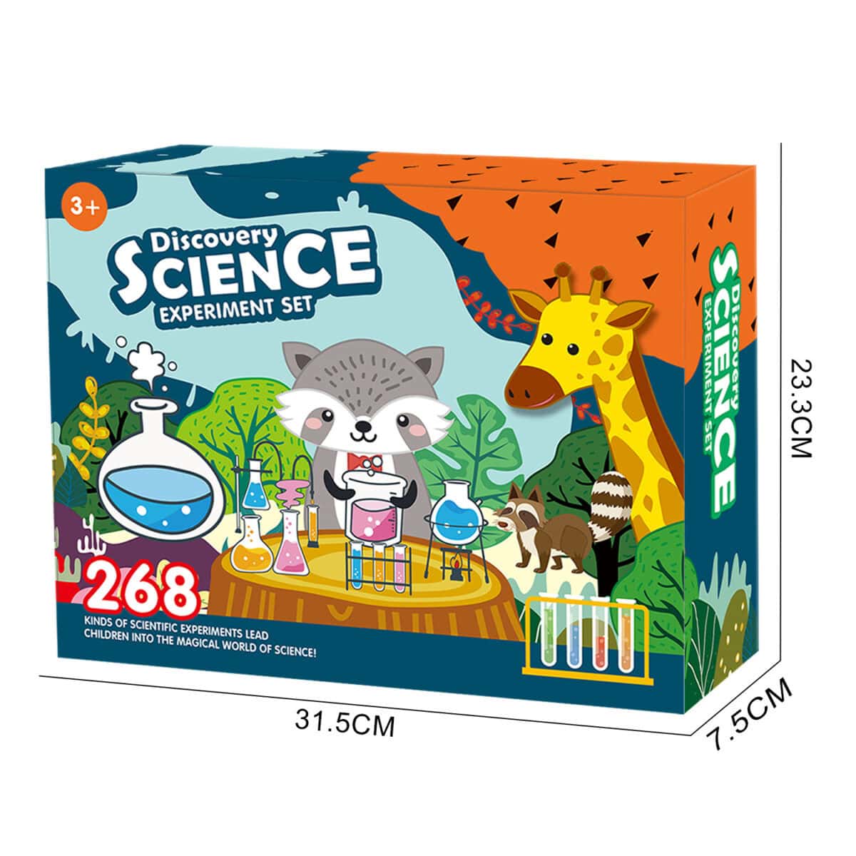 Set d'expériences scientifiques pour enfants de plus de 3 ans, comprenant des accessoires colorés pour réaliser des expériences amusantes et éducatives dans un univers animalier et scientifique.