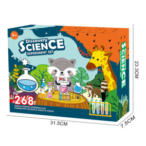 Set d'expériences scientifiques pour enfants de plus de 3 ans, comprenant des accessoires colorés pour réaliser des expériences amusantes et éducatives dans un univers animalier et scientifique.