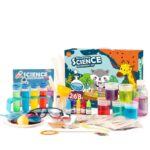 Jeu d'expériences scientifiques pour enfants avec accessoires colorés et matériel éducatif. Parfait pour découvrir la science de manière ludique et interactive.