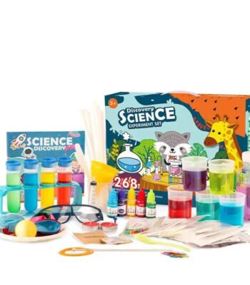 Jeu d'expériences scientifiques pour enfants avec accessoires colorés et matériel éducatif. Parfait pour découvrir la science de manière ludique et interactive.
