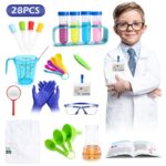Ensemble de matériel scientifique pour enfants comprenant pipettes, bécher, lunettes de protection, gants, éprouvettes, et autres outils éducatifs pour expériences scientifiques.