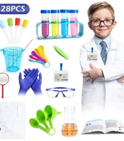 Ensemble de matériel scientifique pour enfants comprenant pipettes, bécher, lunettes de protection, gants, éprouvettes, et autres outils éducatifs pour expériences scientifiques.