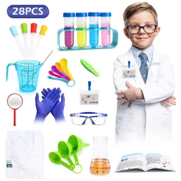 Ensemble de matériel scientifique pour enfants comprenant pipettes, bécher, lunettes de protection, gants, éprouvettes, et autres outils éducatifs pour expériences scientifiques.