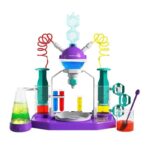 Kit d'expériences scientifiques pour enfants avec tubes à essai, pipettes et substances colorées, idéal pour découvrir la chimie de manière amusante.