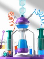 Dispositif scientifique coloré avec tubes à essai, réactifs et éléments de laboratoire, idéal pour la décoration de style scientifique ou éducatif.