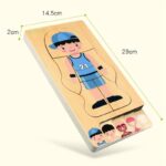 Jeu en bois illustré d’un garçon en tenue de sport, idéal pour développer la motricité fine et la reconnaissance des formes chez les jeunes enfants.