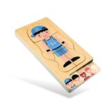 Puzzle en bois pour enfants représentant un corps humain avec pièces détachables, idéal pour apprendre l'anatomie de manière ludique.
