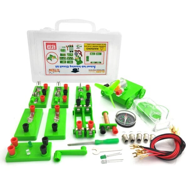 Panneau éducatif de circuits électriques pour enfants avec composants colorés, fils, interrupteurs et moteur, idéal pour apprendre l'électricité de manière ludique.