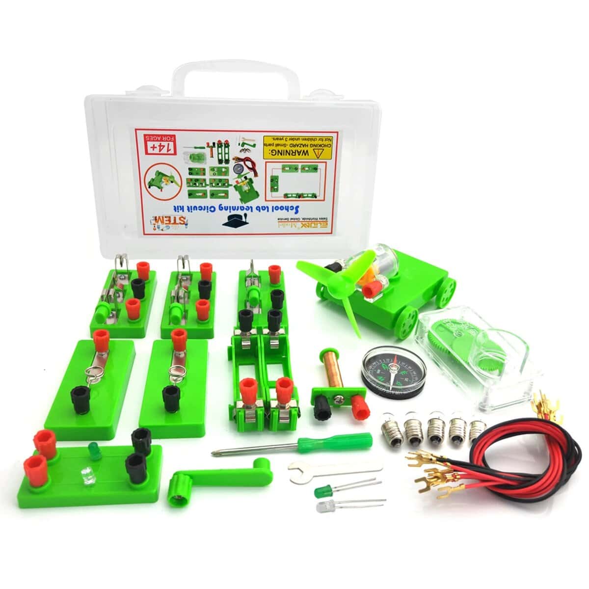 Panneau éducatif de circuits électriques pour enfants avec composants colorés, fils, interrupteurs et moteur, idéal pour apprendre l'électricité de manière ludique.