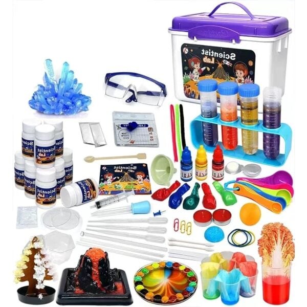Kit scientifique avec accessoires de laboratoire et expériences.