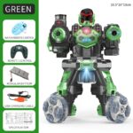Robot télécommandé vert et noir avec lumières LED, contrôleur à distance, batterie modulaire et câble de chargement USB, idéal pour les jeunes passionnés de science et de technologie.