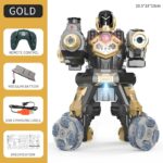 Robot télécommandé avec lumières et sons, en couleur or et noir, pour enfants et collectionneurs.