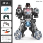 Robot humanoïde avec lumières LED, haut-parleur, et roues tout-terrain, contrôlable à distance via télécommande, idéal pour les amateurs de gadgets technologiques et de décoration scientifique.
