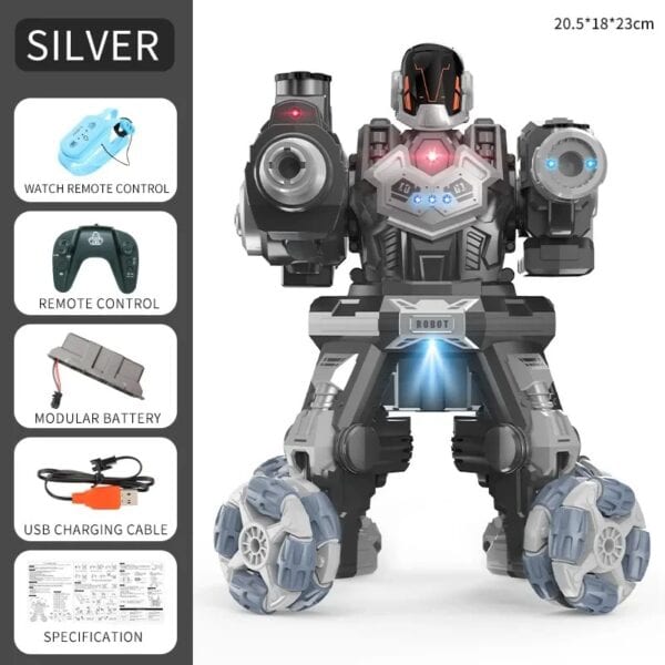 Robot humanoïde avec lumières LED, haut-parleur, et roues tout-terrain, contrôlable à distance via télécommande, idéal pour les amateurs de gadgets technologiques et de décoration scientifique.